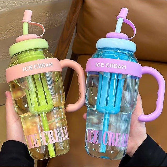 Cute Ice Cream Water Bottle with Handle & Straw – Portable Reusable Drinking Bottle