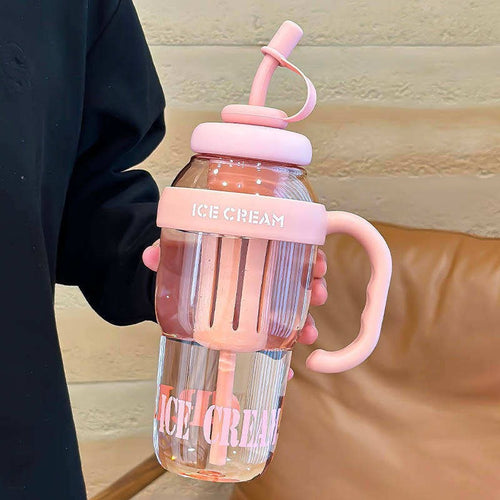 Cute Ice Cream Water Bottle with Handle & Straw – Portable Reusable Drinking Bottle