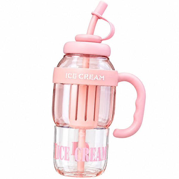 Cute Ice Cream Water Bottle with Handle & Straw – Portable Reusable Drinking Bottle
